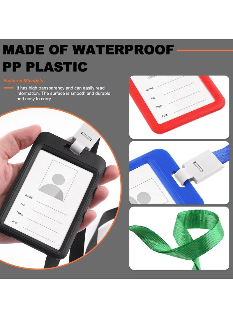 مجموعة من 10 حاملي شارات رأسية مع حبل تعليق، 10 حاملي شارات بألوان مختلفة، حامي بطاقة هوية مقاوم للماء بحبل مسطح، للمكتب أو المدرسة، حامي بطاقة العمل شفاف مزدوج الجوانب - Image 4