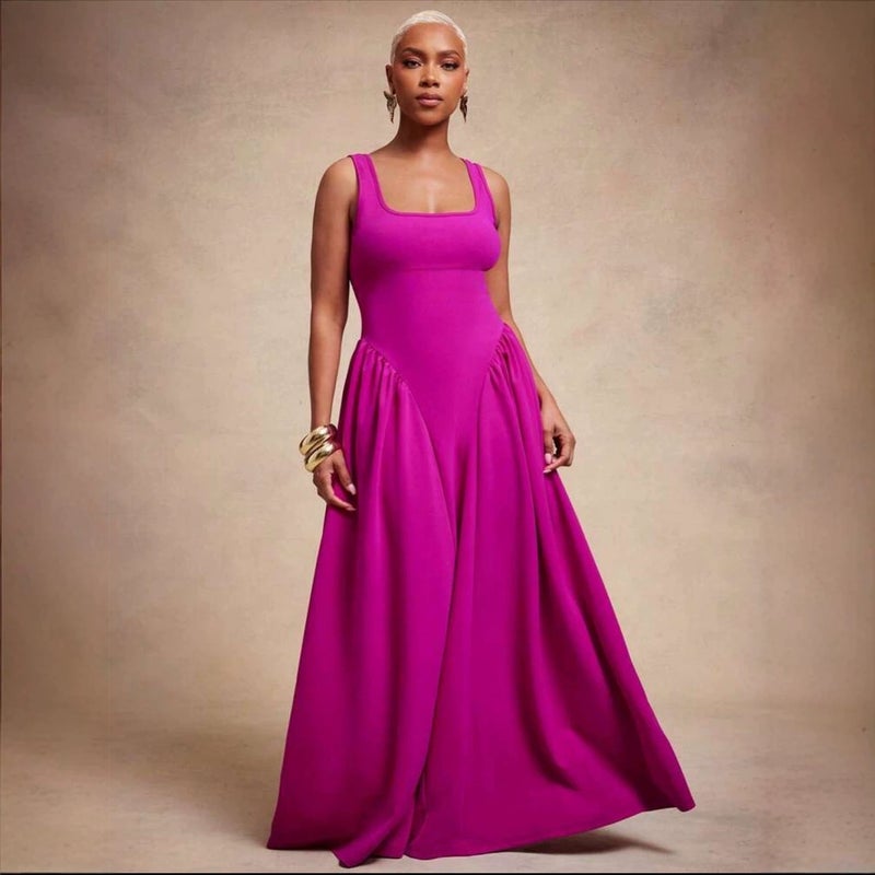 Women's Rose Red Square Neck Sleeveless A-Line Maxi Pleated Dress - Image 3