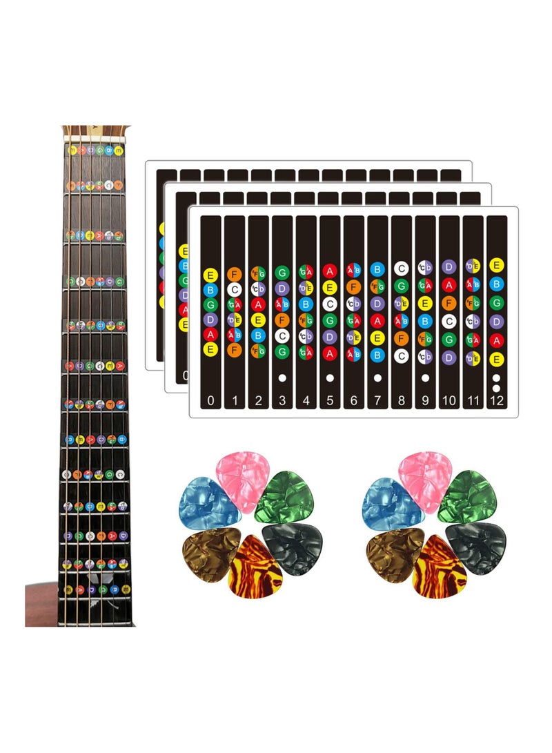 SYOSI 3PCS Guitar Fretboard Stickers for Guitar Beginners, Guitar Note Learning Stickers Fretboard Note Stickers Guitar Neck Fret Stickers Guitar Note Position Stickers with 12 Pcs Guitar Picks  - Image 1