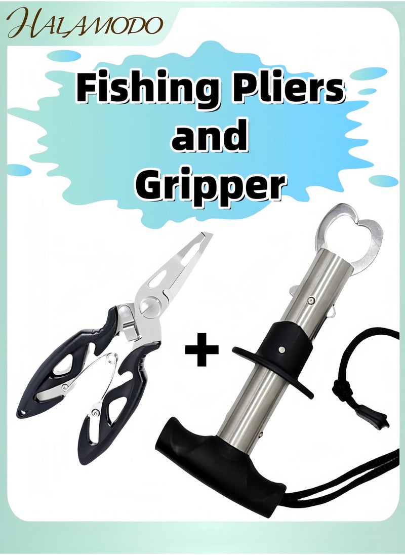 Halamodo Fish Lip Gripper Pliers Fishing Pliers & Gripper Set Muti-Function Hook Remover and Split Ring Pliers for Fly Fishing & Ice Fishing & Fishing Gear Gift for Men - Image 1