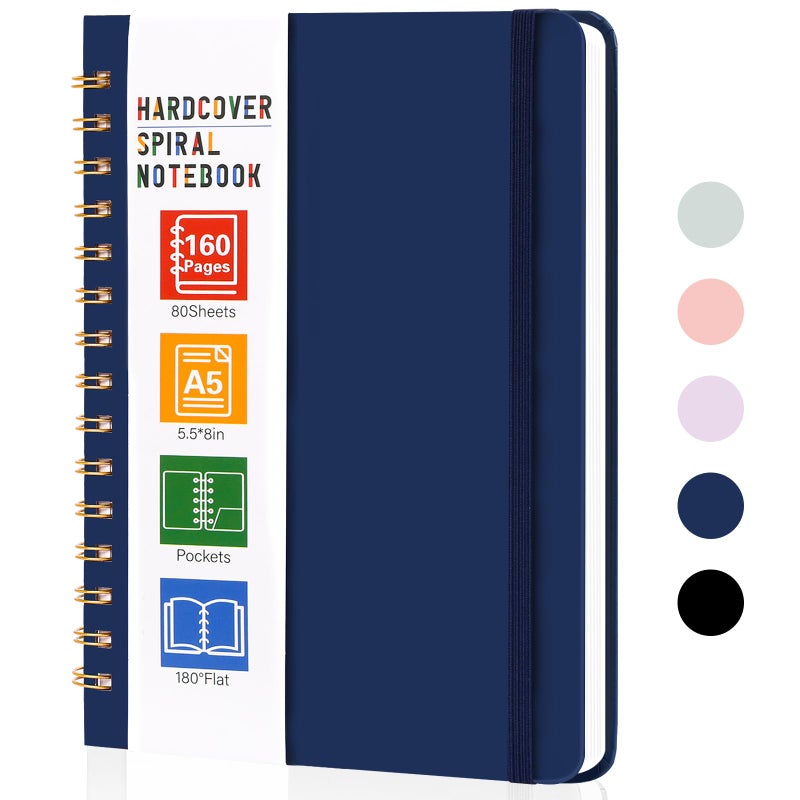 LABUK Spiral Notebook, 160 Pages A5 Lined Hardcover Notebook, 5.5 x 8in Spiral Journal for Women and Man, Work, Writing (Navy Blue) - Image 1