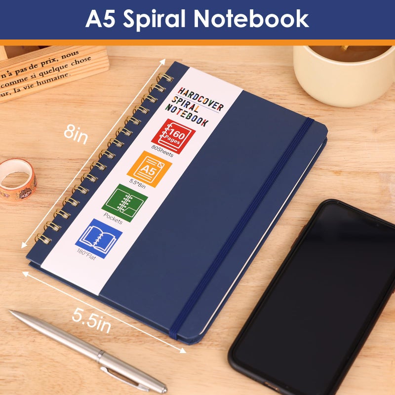 LABUK Spiral Notebook, 160 Pages A5 Lined Hardcover Notebook, 5.5 x 8in Spiral Journal for Women and Man, Work, Writing (Navy Blue) - Image 2