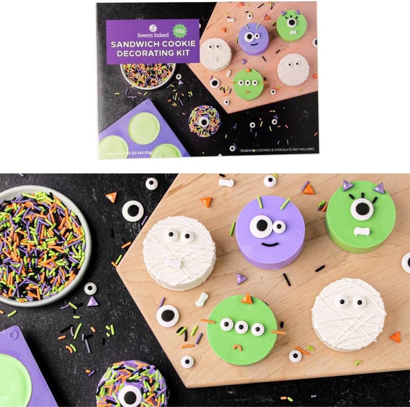Sweets Indeed Sandwich Cookie Decorating Kit – Halloween DIY Set with Oreo Mold, Spooky Sprinkles, Candy Eyeballs, Monster Teeth & Piping Bags - Image 1