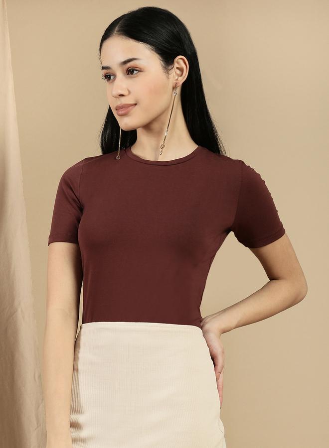 ECOLORE Brown Solid Short Sleeves Top - Image 1