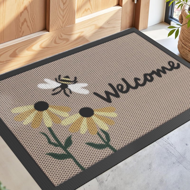DEXI Front Door Mat Outside Entrance Welcome, Summer Froral Entryway Doormat Dirt Trapper, Heavy Duty Non Slip Entry Mats for Patio Garage Porch Home Decorative, 24x36, Bee and Flower - Image 1