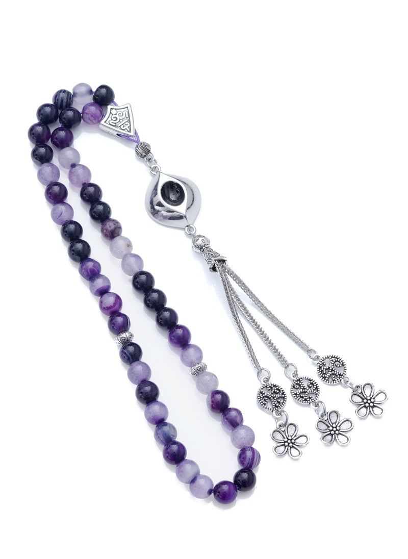 Subhati Prayer Beads ( Misbah ) with metal Parts and Banded Agate Stone | 8 MM Beads - 45  - Image 1