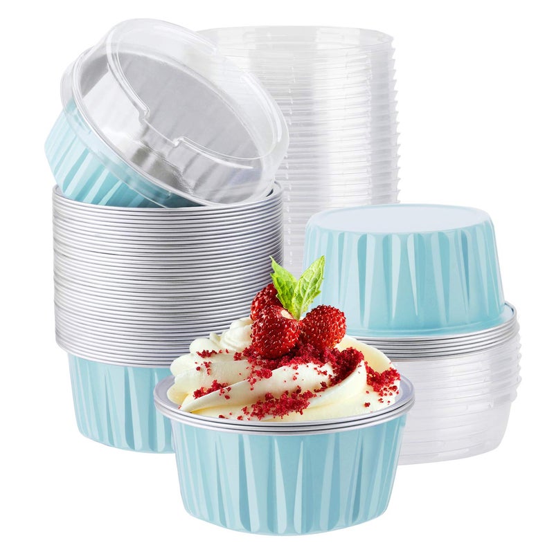 EUSOAR Aluminum Cups with Lids 50pcs 5oz 125ml Foil Cupcake Baking Cups Muffin Liners Cups with Lids Disposable Foil Ramekins Pans Aluminum Foil Cupcake Holders