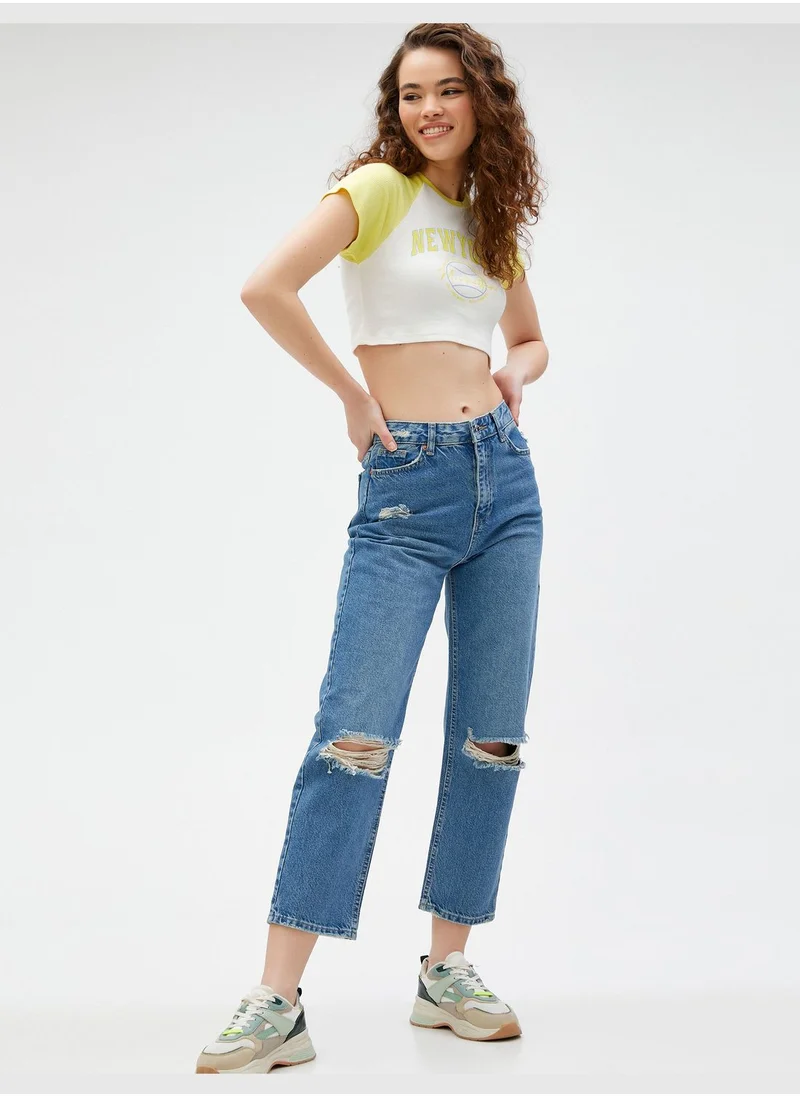 كوتون High Waist Destroyed Straight Leg Denim Trousers - Eve Jeans