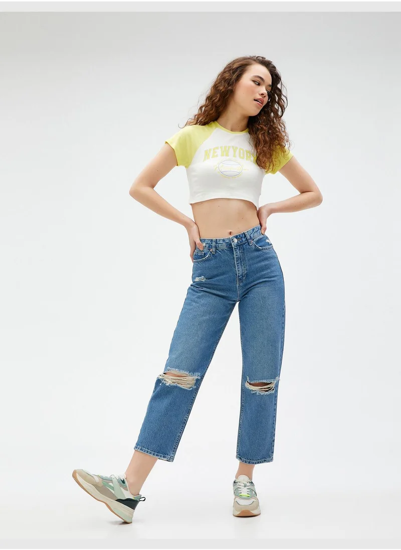 كوتون High Waist Destroyed Straight Leg Denim Trousers - Eve Jeans