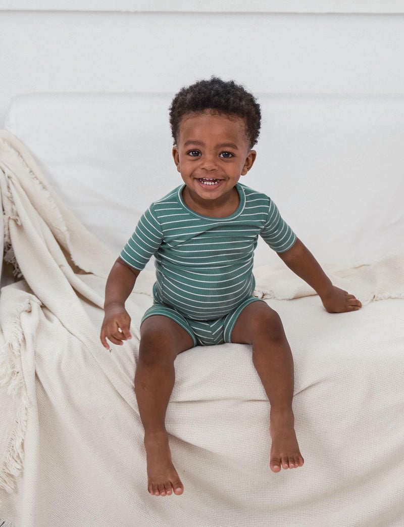 AVAUMA Stripe Pattern Newborn Baby Little Boys Girls Snug-Fit Pajamas Summer Short Sets Pjs Kids Clothes (XS/Olive Green) - Image 5