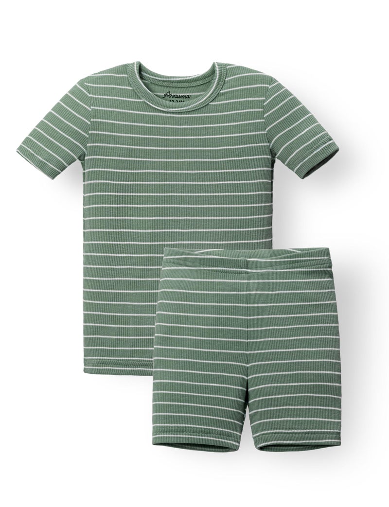 AVAUMA Stripe Pattern Newborn Baby Little Boys Girls Snug-Fit Pajamas Summer Short Sets Pjs Kids Clothes (XS/Olive Green) - Image 1