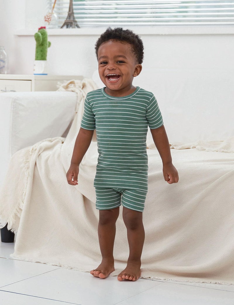 AVAUMA Stripe Pattern Newborn Baby Little Boys Girls Snug-Fit Pajamas Summer Short Sets Pjs Kids Clothes (XS/Olive Green) - Image 2