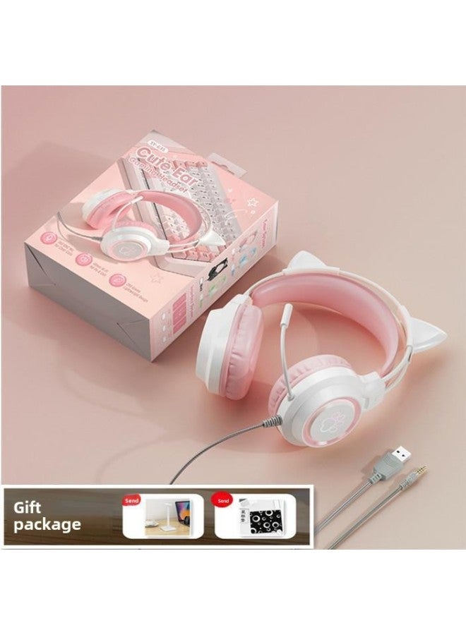 Computer Headset Wired Noise Reduction Game Cat Ear Magic Color Electronic Competition Desktop Notebook With Microphone Microphone-Color:Qin Powder With Cat Ears★Support★Mouse Pad (wired Version)★Rgb Lighting Effect★Hifi Sound Quality★Comes With One Point And Two Lines)  - Image 1