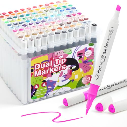 SAVZJSD [Water-Based Ink] 120 Colors Dual Tip Markers Set, Brush & Chisel Double Tipped Art Markers for Artists Adults Beginners & Artists in Coloring, Painting - Image 1
