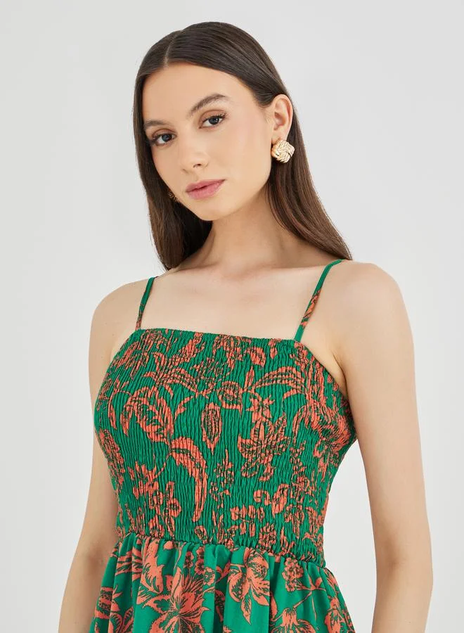 Take Two Take Two Floral Print A-Line Smocking Detail Maxi Dress