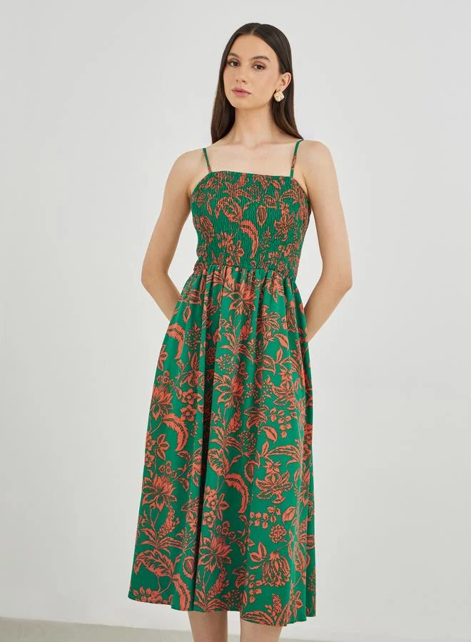 Take Two Take Two Floral Print A-Line Smocking Detail Maxi Dress
