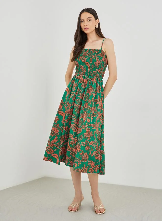 Take Two Take Two Floral Print A-Line Smocking Detail Maxi Dress
