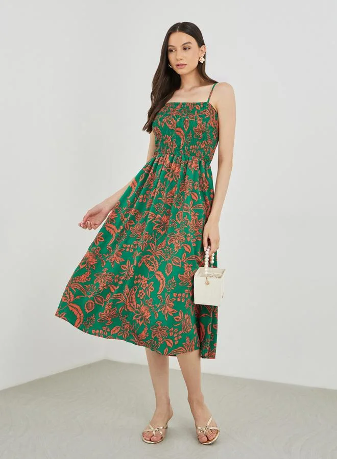 Take Two Take Two Floral Print A-Line Smocking Detail Maxi Dress