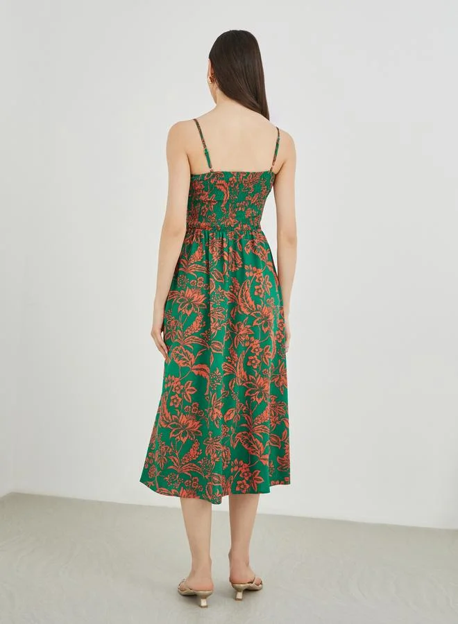 Take Two Take Two Floral Print A-Line Smocking Detail Maxi Dress