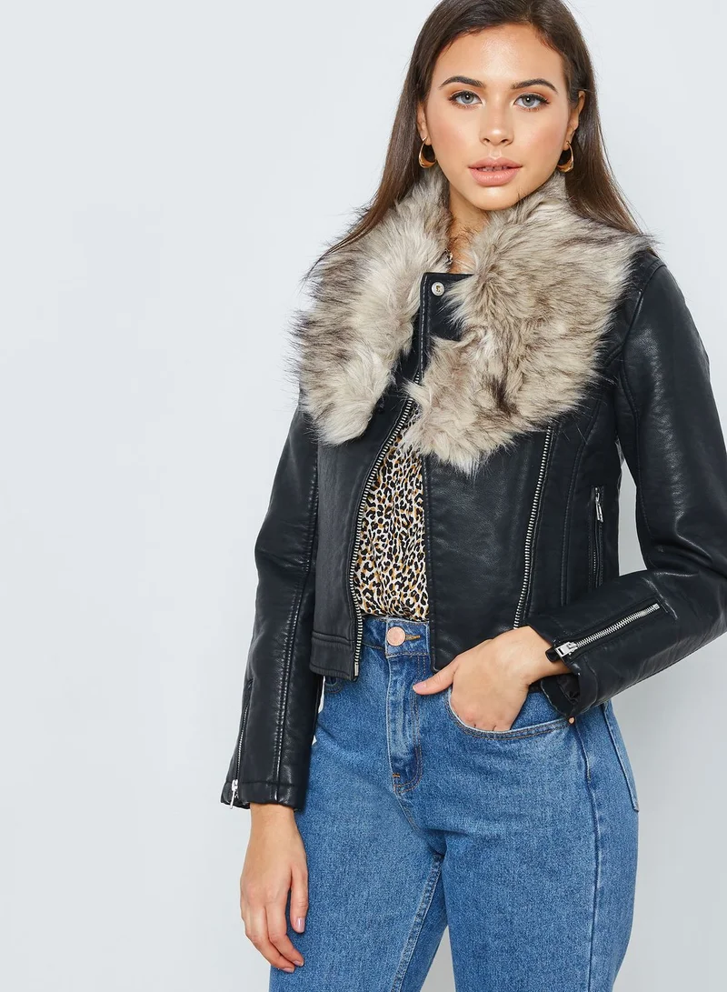 FOREVER 21 Fur Collar Leather Jacket