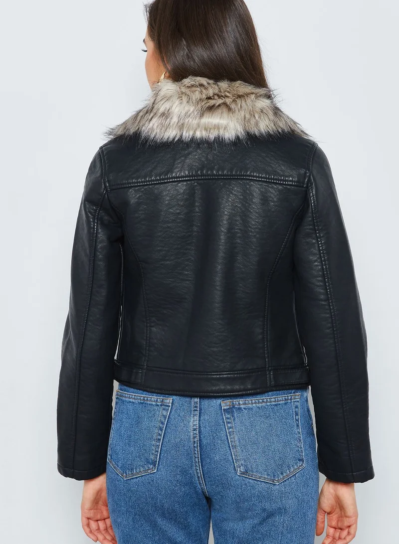 FOREVER 21 Fur Collar Leather Jacket