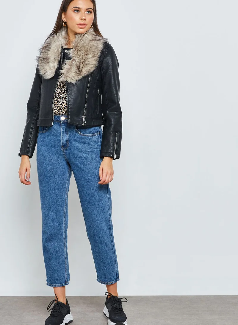 FOREVER 21 Fur Collar Leather Jacket