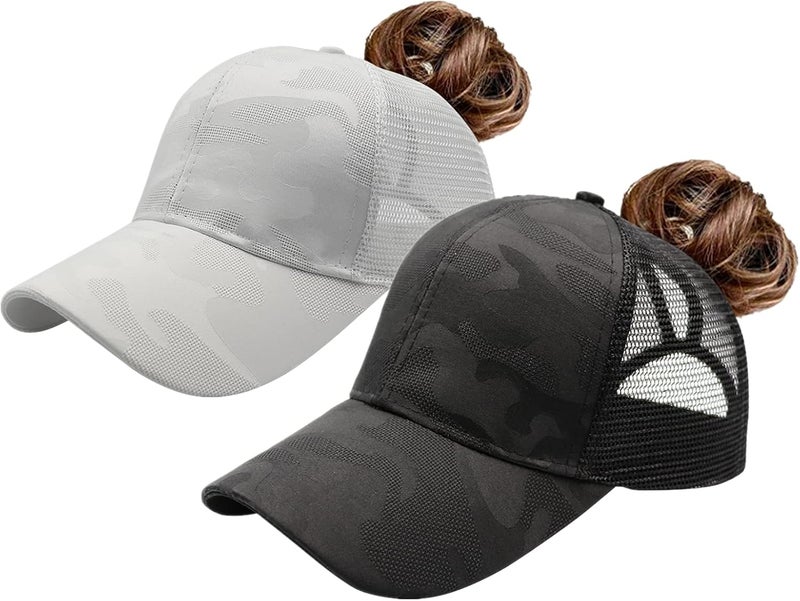 ProMindFun Womens Pony Hat High Ponytail Baseball Cap Girls Messy Bun Caps Camouflage Trucker Bad Hair Day Adjustable Dad Hat - Image 1