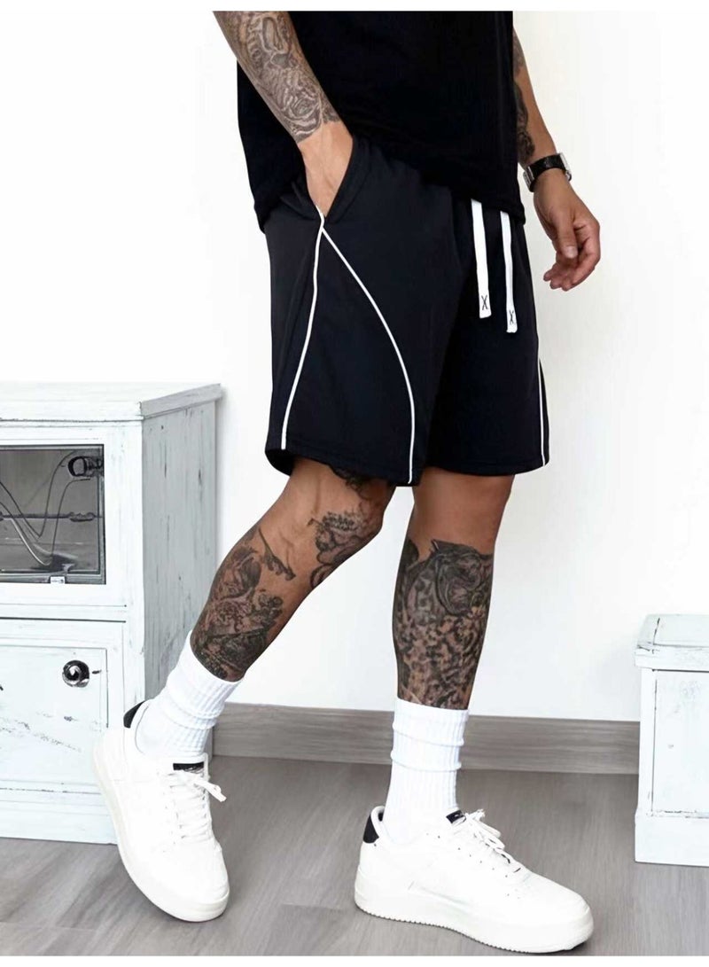 Men's Black Athletic Sweat Shorts Contrast Piping Casual Jogger Shorts Elastic Waist Retro Sportswear - Image 3
