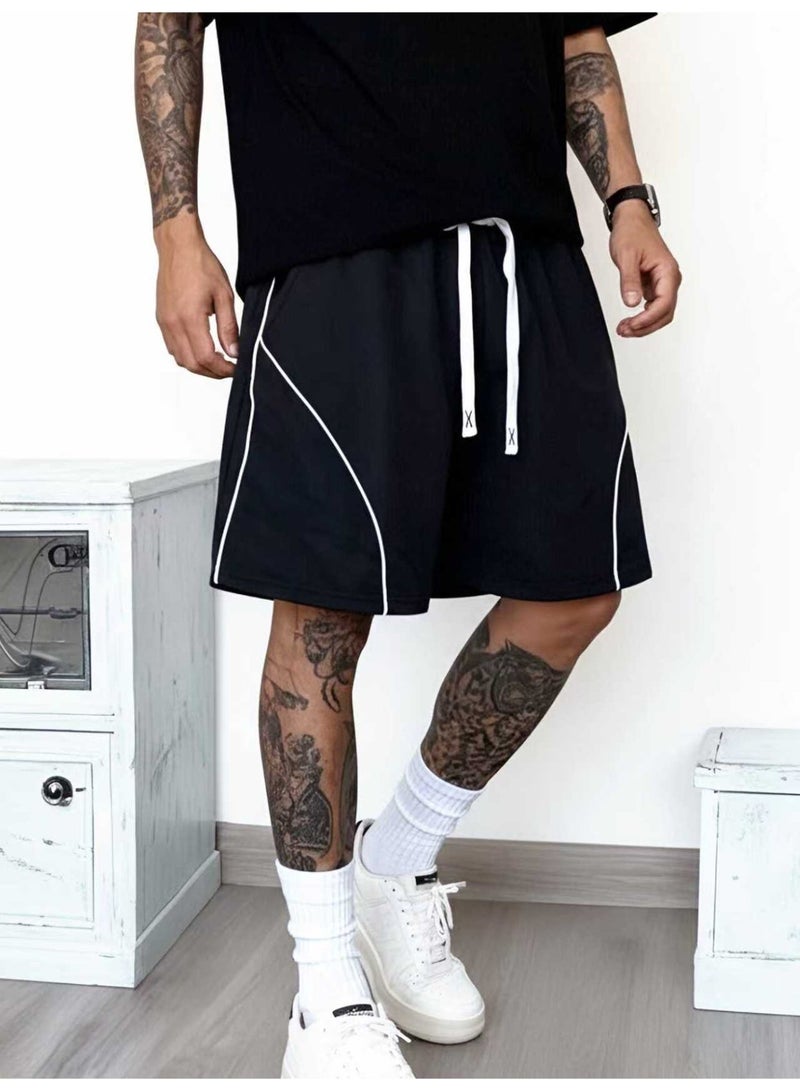 Men's Black Athletic Sweat Shorts Contrast Piping Casual Jogger Shorts Elastic Waist Retro Sportswear - Image 2