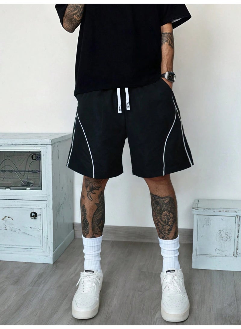 Men's Black Athletic Sweat Shorts Contrast Piping Casual Jogger Shorts Elastic Waist Retro Sportswear - Image 1