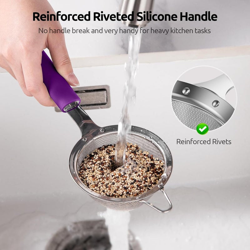 U-Taste 8.5cm Wide Mesh Strainer: 18/8 Stainless Steel 30-Mesh Fine Food Sieve with Upgraded Heavy Duty Riveted Silicone Handle, 5.5cm Deep Metal Kitchen Colander for Baking Sugar, Tea (Purple) - Image 3
