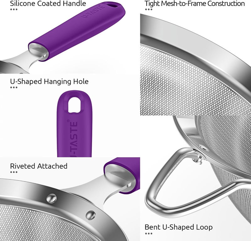 U-Taste 8.5cm Wide Mesh Strainer: 18/8 Stainless Steel 30-Mesh Fine Food Sieve with Upgraded Heavy Duty Riveted Silicone Handle, 5.5cm Deep Metal Kitchen Colander for Baking Sugar, Tea (Purple) - Image 5