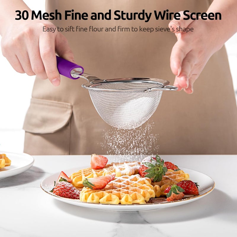 U-Taste 8.5cm Wide Mesh Strainer: 18/8 Stainless Steel 30-Mesh Fine Food Sieve with Upgraded Heavy Duty Riveted Silicone Handle, 5.5cm Deep Metal Kitchen Colander for Baking Sugar, Tea (Purple) - Image 4