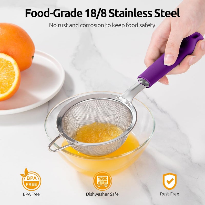 U-Taste 8.5cm Wide Mesh Strainer: 18/8 Stainless Steel 30-Mesh Fine Food Sieve with Upgraded Heavy Duty Riveted Silicone Handle, 5.5cm Deep Metal Kitchen Colander for Baking Sugar, Tea (Purple) - Image 2