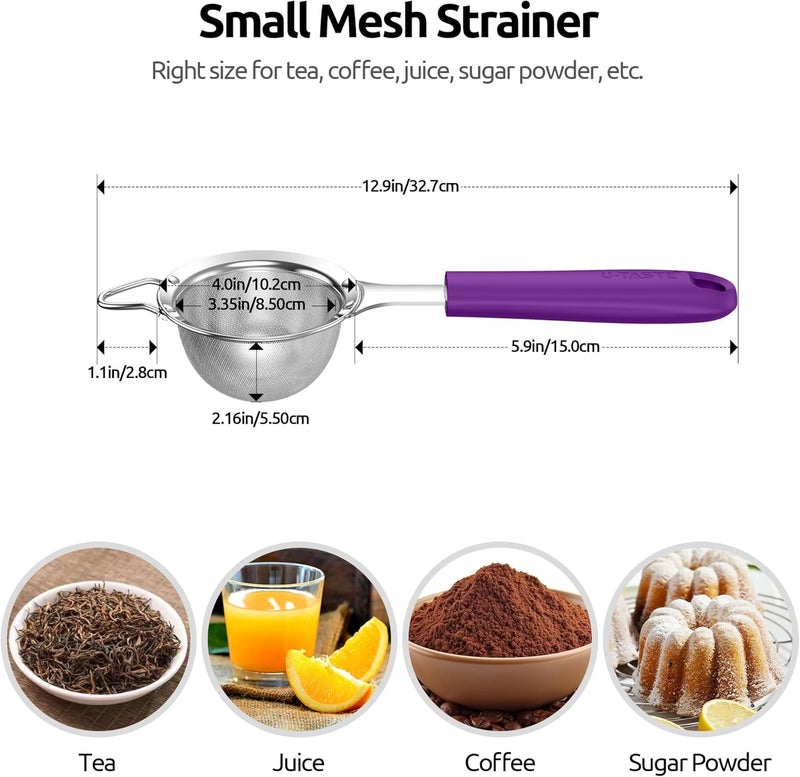 U-Taste 8.5cm Wide Mesh Strainer: 18/8 Stainless Steel 30-Mesh Fine Food Sieve with Upgraded Heavy Duty Riveted Silicone Handle, 5.5cm Deep Metal Kitchen Colander for Baking Sugar, Tea (Purple) - Image 1