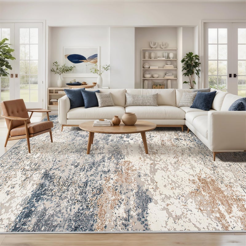 ArtTuft Washable Rug AntiSlip Backing Abstract 8x10 Area Rugs Stain Resistant Rugs for Living Room Foldable Machine Washable Area Rug 8x10 TPR18Blue