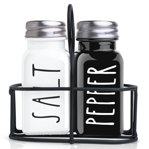 BUNOT Farmhouse Salt and Pepper Shakers Set, a cute black and white premium glass shakers with stainless steel lids in a black metal holder, perfect for adding a vintage kitchen decor charm, great as a gift - Image 1