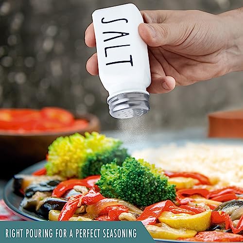 BUNOT Farmhouse Salt and Pepper Shakers Set, a cute black and white premium glass shakers with stainless steel lids in a black metal holder, perfect for adding a vintage kitchen decor charm, great as a gift - Image 5