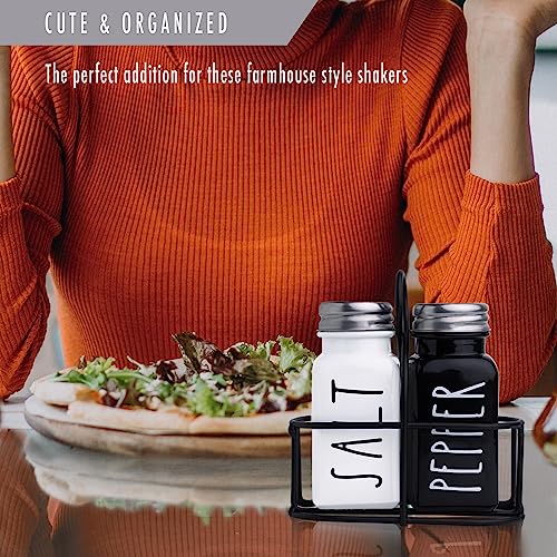 BUNOT Farmhouse Salt and Pepper Shakers Set, a cute black and white premium glass shakers with stainless steel lids in a black metal holder, perfect for adding a vintage kitchen decor charm, great as a gift - Image 3