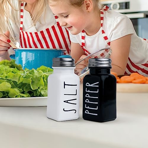 BUNOT Farmhouse Salt and Pepper Shakers Set, a cute black and white premium glass shakers with stainless steel lids in a black metal holder, perfect for adding a vintage kitchen decor charm, great as a gift - Image 4