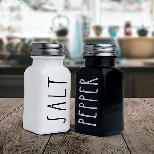 BUNOT Farmhouse Salt and Pepper Shakers Set, a cute black and white premium glass shakers with stainless steel lids in a black metal holder, perfect for adding a vintage kitchen decor charm, great as a gift - Image 2