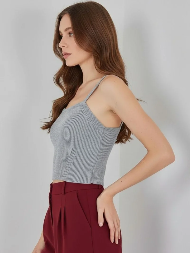 Big Dart Grey BDART Square Collar Ribbed Knit Crop Top for Women | Best Price UAE