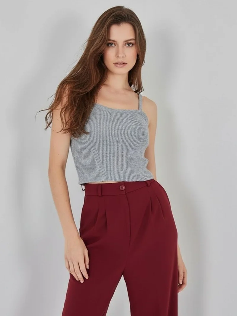 Big Dart Grey BDART Square Collar Ribbed Knit Crop Top for Women | Best Price UAE