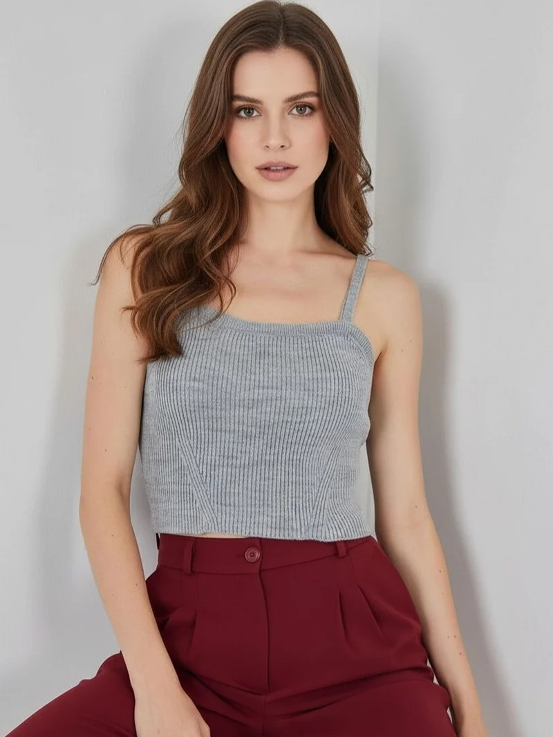 Big Dart Grey BDART Square Collar Ribbed Knit Crop Top for Women | Best Price UAE