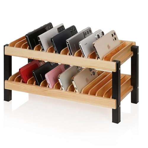 Echaprey 30Grid Wooden Cell Phone Holder Desktop Multiple Classroom Storage Organizer Rack Box Caddy for Office School with 130 Number Stickers - Image 1
