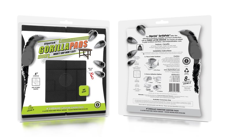 Slipstick GorillaPads Non Slip Furniture Pads/Floor Grippers (Set of 8 Non Skid Floor Protectors) Pre-Scored to Cut to Multiple Size, 4 Inch Square, Black, CB140-8 - Image 2