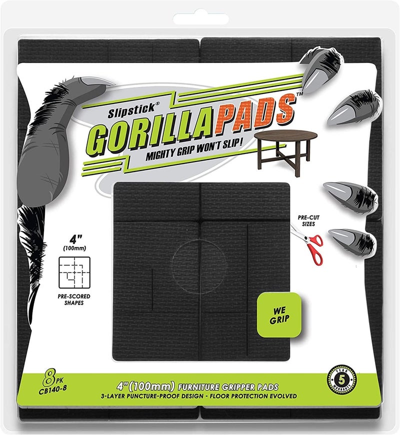 Slipstick GorillaPads Non Slip Furniture Pads/Floor Grippers (Set of 8 Non Skid Floor Protectors) Pre-Scored to Cut to Multiple Size, 4 Inch Square, Black, CB140-8 - Image 1