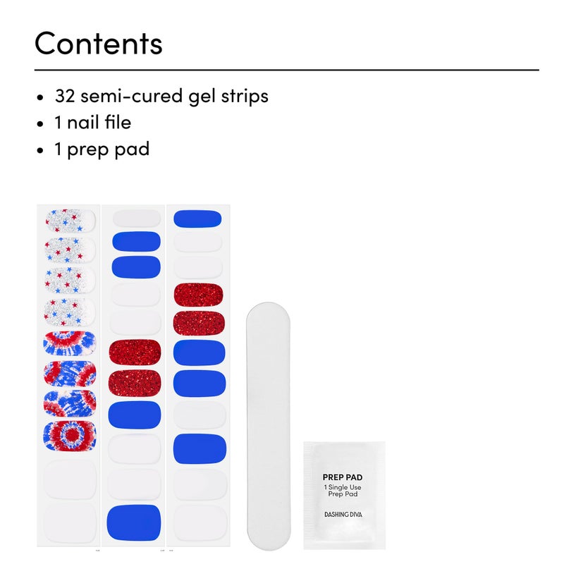 Dashing Diva Patriotic Gloss Nail Strips - Nails That I Love - UV Free, Chip Resistant, Long Lasting Gel Nail Stickers - 3-Piece Manicure Set - Contains 32 Wraps, 1 Prep Pad, 1 File - Image 3