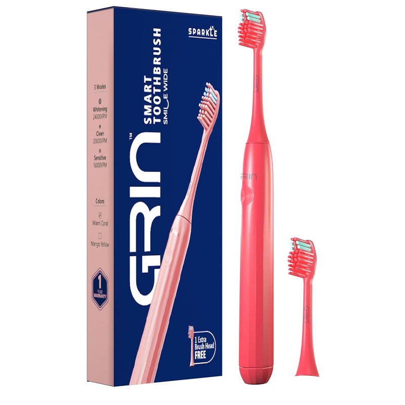 GRIN Electric Toothbrush With 2 Extra Brush Head & Carry Case for Men & Women | Sonic Technology Smart Notification Timer Vibrating IPX Waterproof Professional-Grade Deep Clean Travel-Friendly 3 High performance Modes | Miami Coral - Image 1