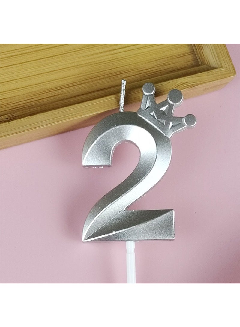 l&wen Crown Birthday Candles, Metallic Number Candles with Holders, Glitter Party Candles for Birthday, Wedding, Anniversary, Party Decorations (Number 2, Silver) - Image 1